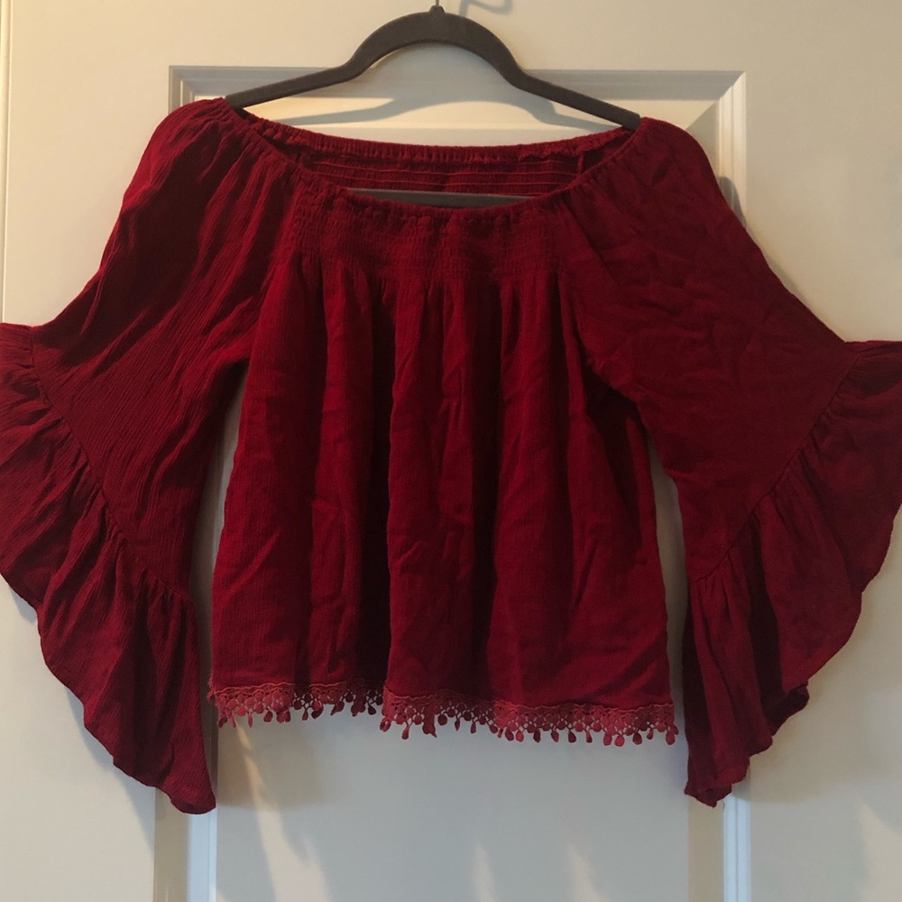 Maroon Off Shoulder Bell Sleeve Top